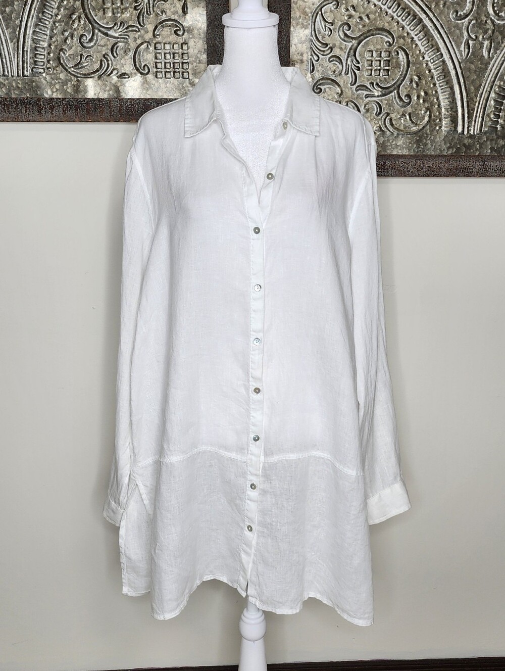 Tahari 100% Linen White Breezy Button-Down Tunic Shirt XL Coastal Grandma Summer